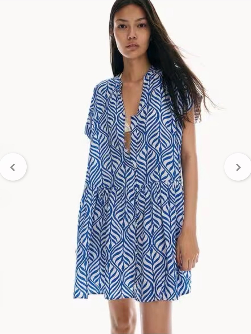 H&M Blue Leaf-Print Crinkled White Tunic Dress Women's Size Medium